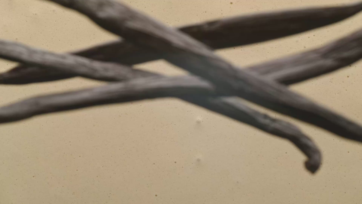 vanilla beans falling into coffee and milk